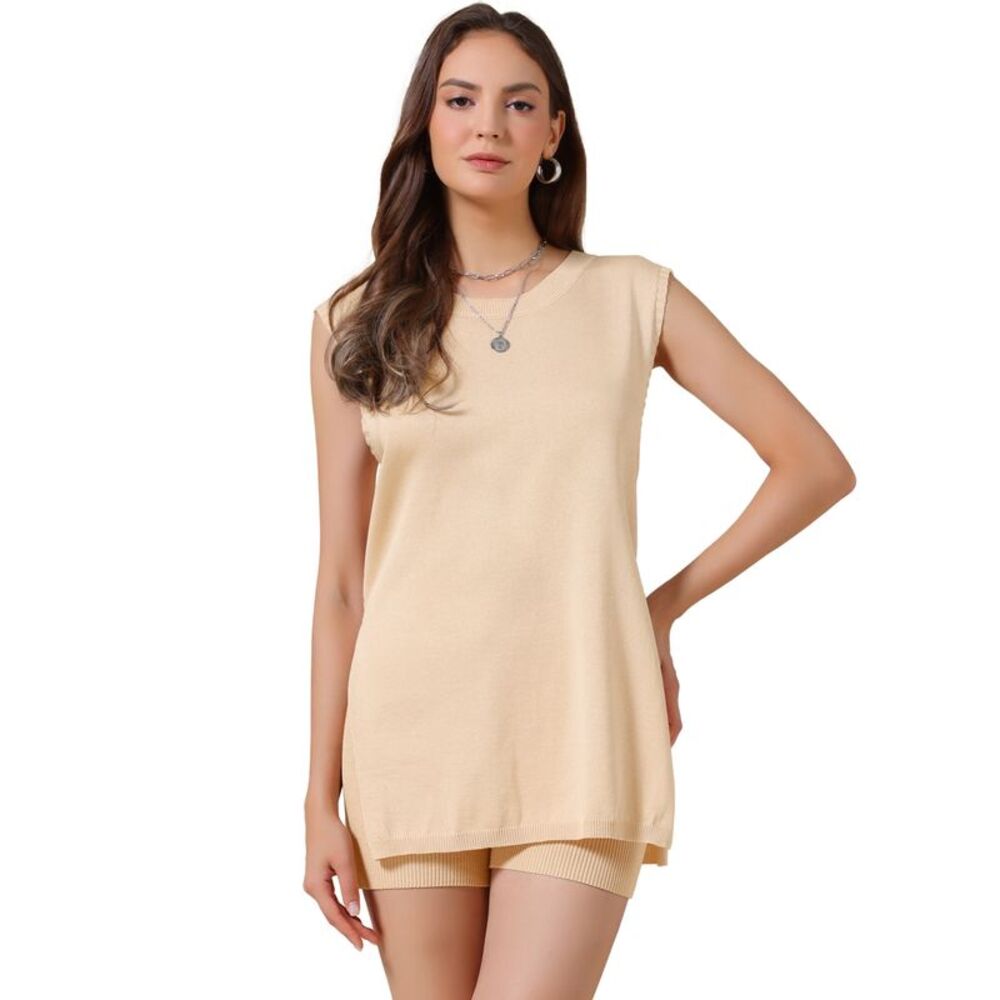 Women Ribbed Knit Sleeveless Crew Neck Shorts Suit Sets Beige